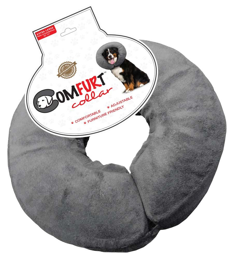Charcoal gray poly-filled adjustable pet e-collar, U-shaped cushion