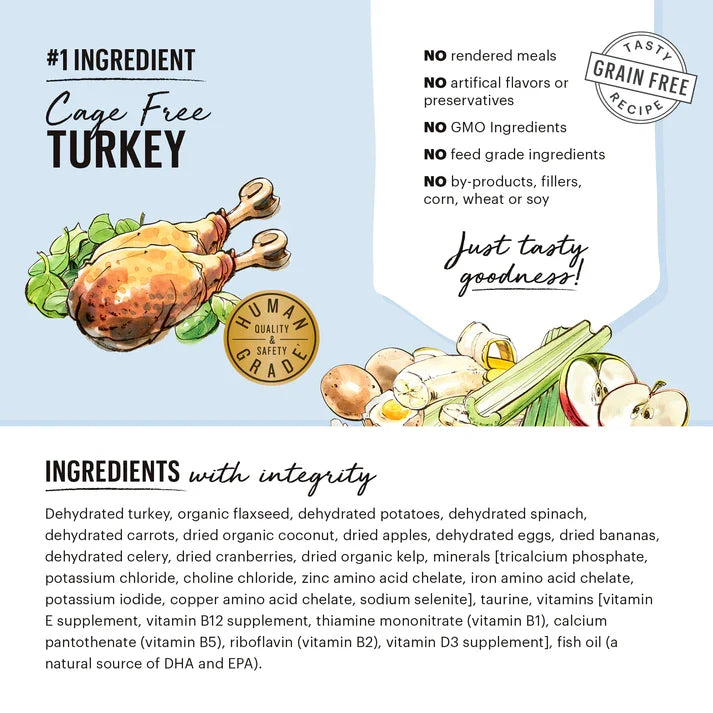 Ingredients label highlighting cage-free turkey as the #1 ingredient