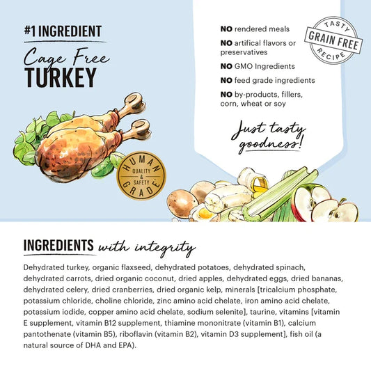 Ingredients label highlighting cage-free turkey as the #1 ingredient