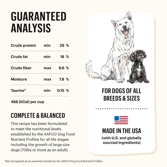 Guaranteed analysis label with protein, fat, fiber, moisture, and taurine values