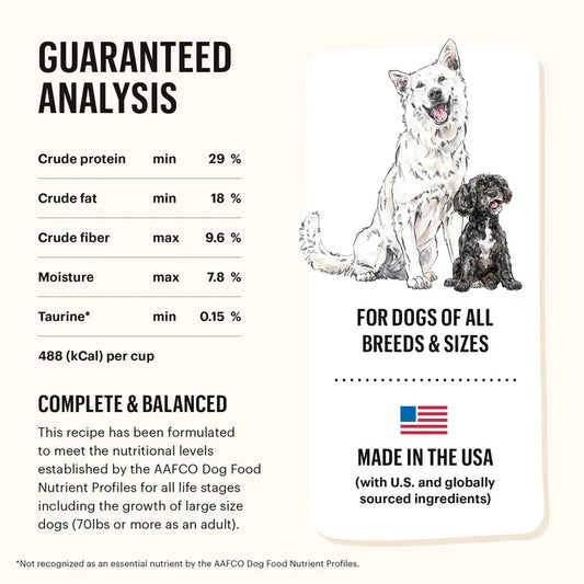 Guaranteed analysis label with protein, fat, fiber, moisture, and taurine values