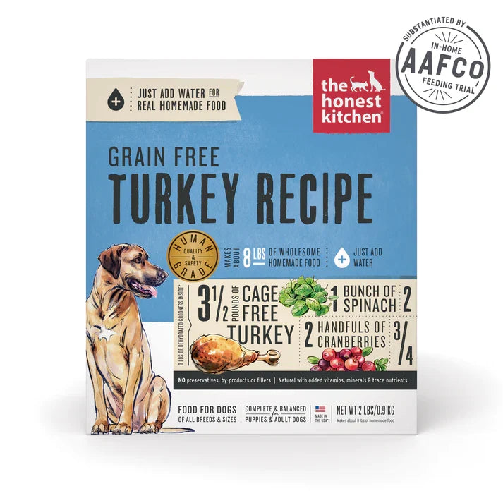 Dehydrated grain-free turkey dog food bag, add water for homemade-style meal