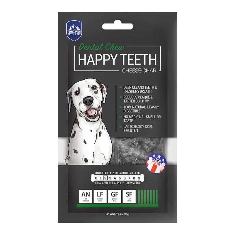 Dog dental chew pouch labeled Happy Teeth, with chew and ingredients icons
