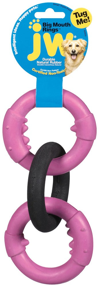 Triple-ring dog tug toy: purple rings with black center, blue tag