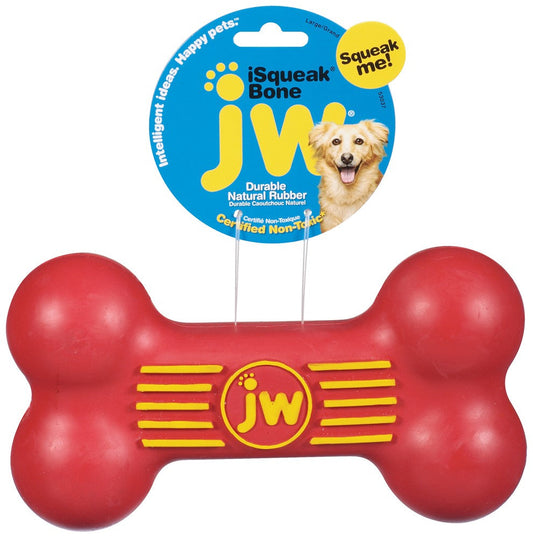 JW iSqueak Bone large dog toy, red rubber bone with yellow JW paw logo