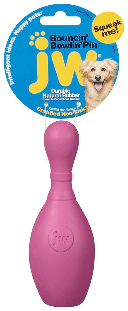 Pink durable rubber dog bowling pin toy with JW logo