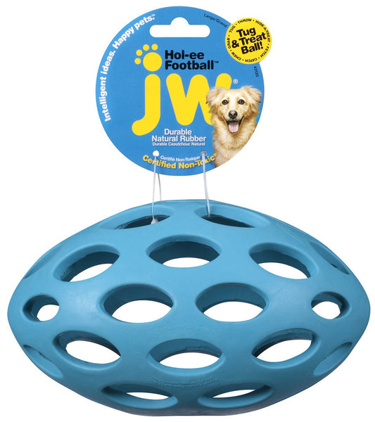 JW Hol-ee Football large dog toy, blue rubber ball with oval holes