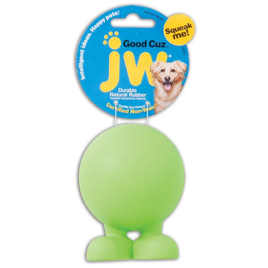 JW Pet Good Cuz squeaky dog toy, green durable rubber with rounded paw base
