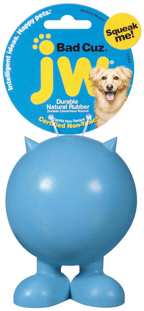 Medium blue natural rubber dog toy with squeaker head, durable playful shape