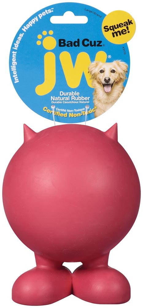 JW Pet Bad Cuz large red rubber dog squeaky toy with tail and horns