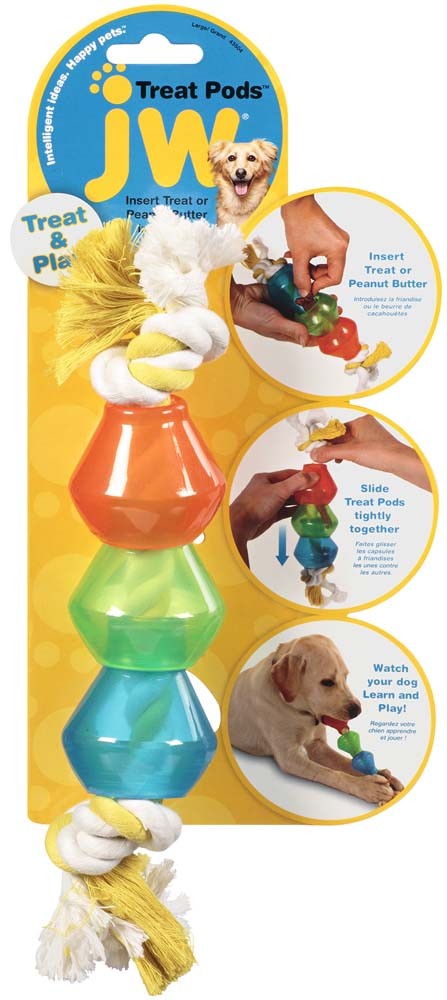 Colorful treat pod rope dog toy with hanging rope and knots, for small dogs