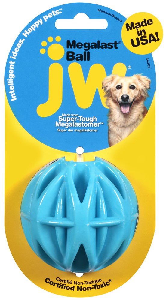MegaLast blue ball dog toy, medium size, non-toxic rubber with textured surface