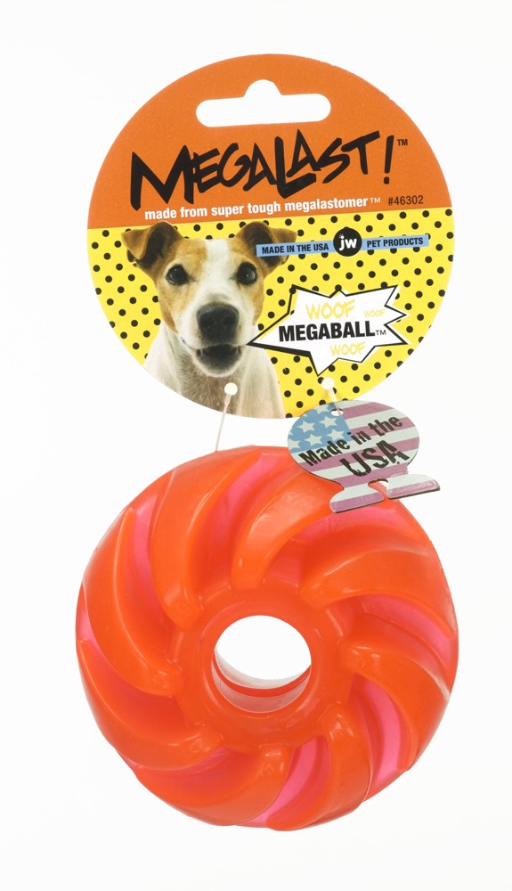 JW Pet MegaLast ball dog toy, large orange rubber ball with grip texture and center hole