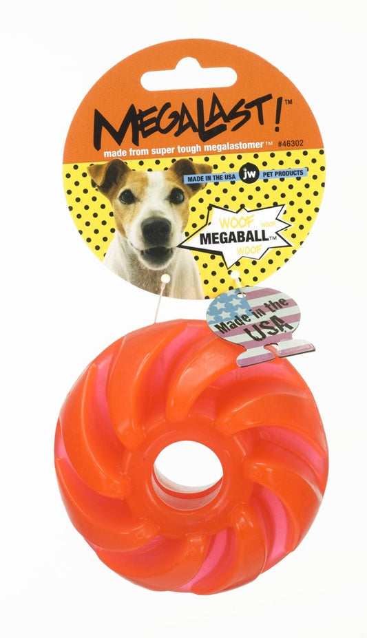 JW Pet MegaLast ball dog toy, large orange rubber ball with grip texture and center hole