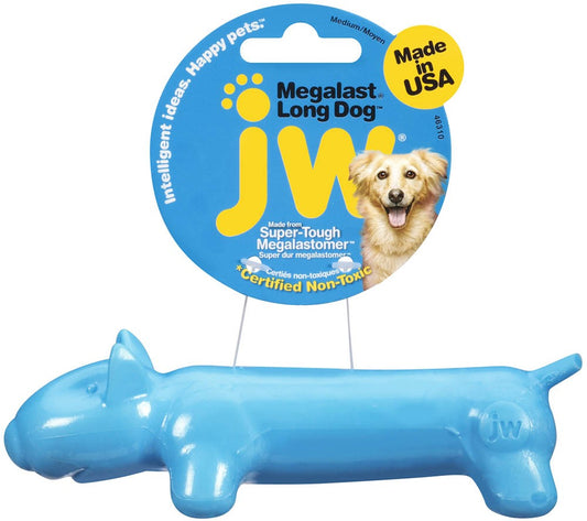 JW Pet MegaLast long dog chew toy, blue long dachshund shape