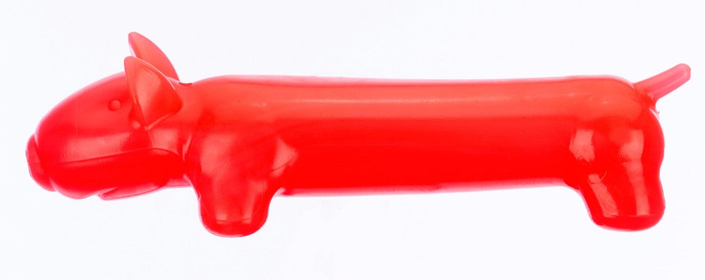 Large red long dog rubber dog toy with raised legs and tail