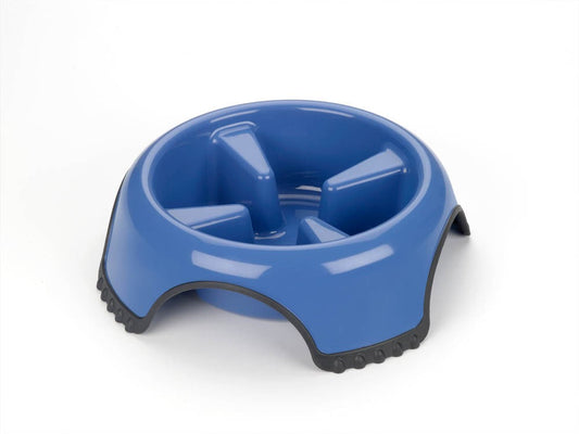 Blue slow-feed dog bowl with raised obstacle divider and black non-slip base