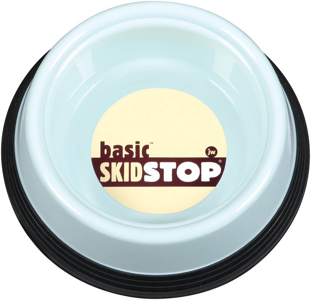 Light blue dog bowl with black non-slip base and skidstop graphic