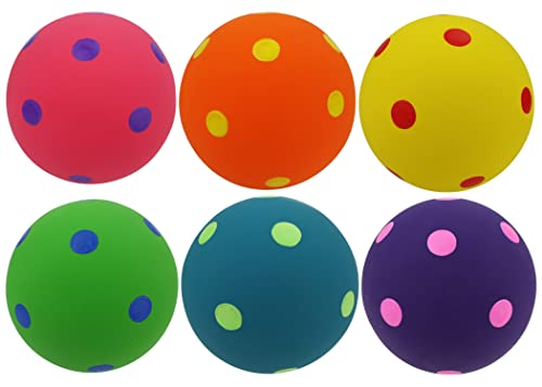 Set of six polka dot dog toy balls in pink, orange, yellow, green, teal, purple