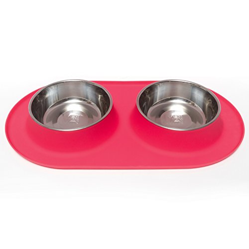 Red double dog feeder with two stainless steel bowls