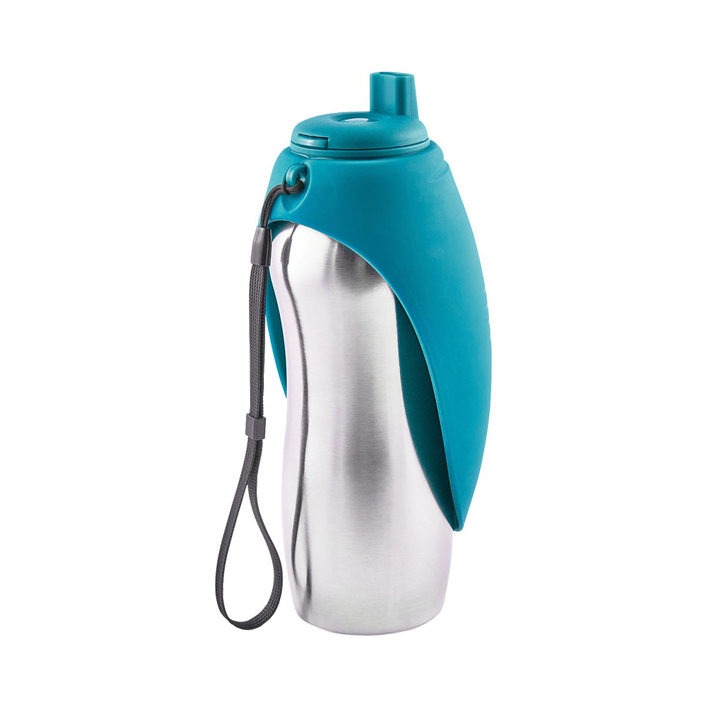 Blue dog travel water bottle with flip bowl and carry cord, stainless steel insert