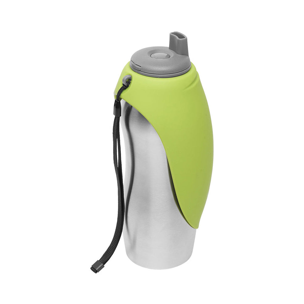 Green dog travel water bottle with fold-out bowl and gray screw lid