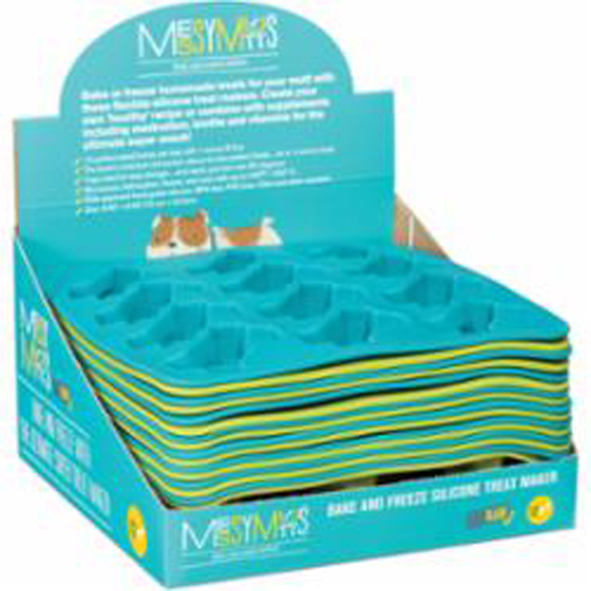 Messy Mutts teal dog treat mold display with stacked silicone tray molds