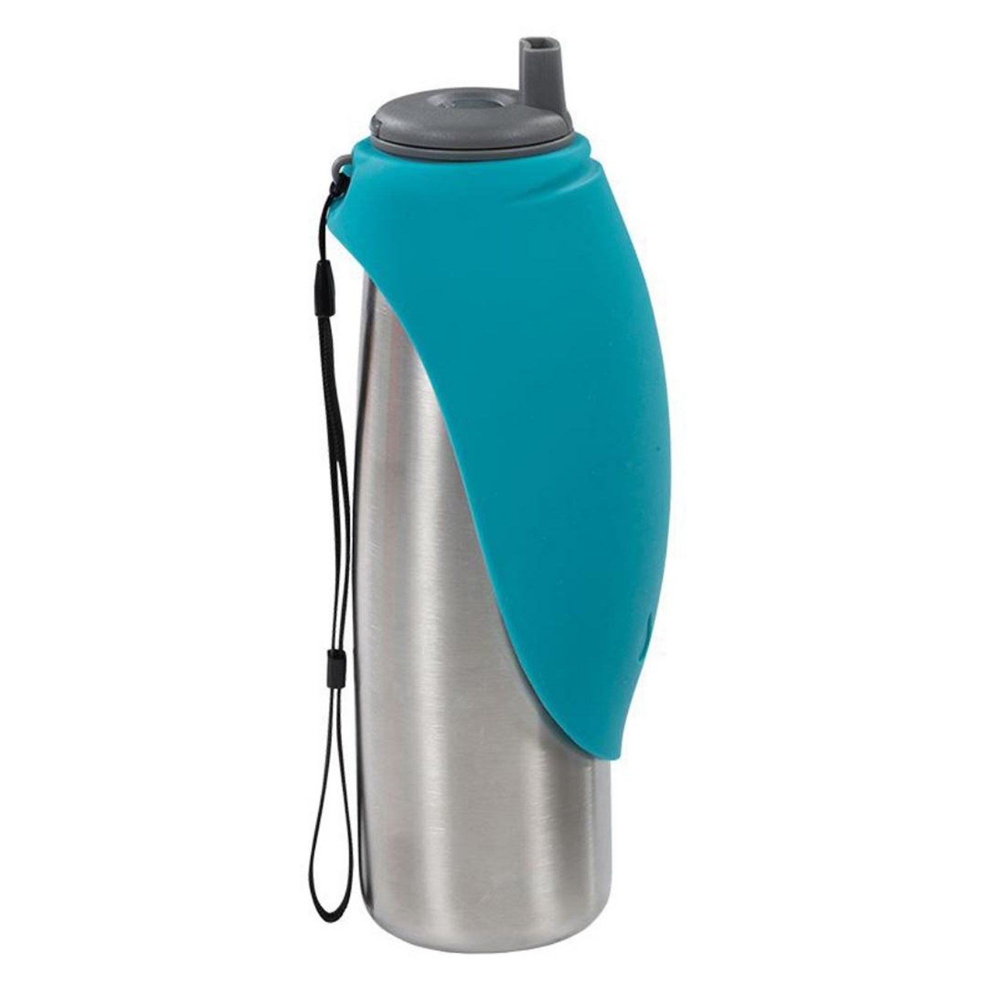 Blue stainless steel dog travel water bottle with silicone flip bowl and carry loop