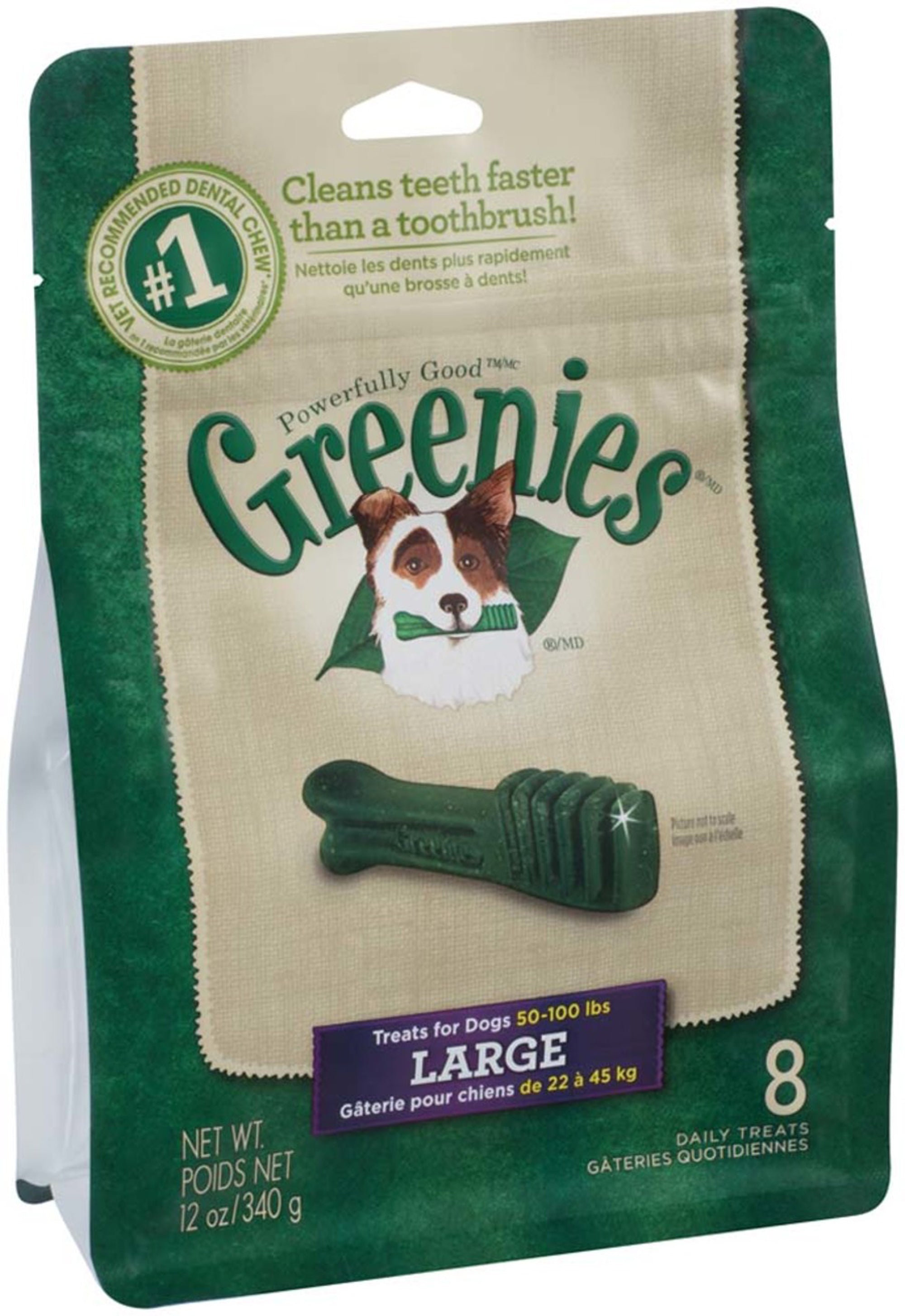 Greenies Large dental dog treats bag, green and tan with dog logo and chew bone.