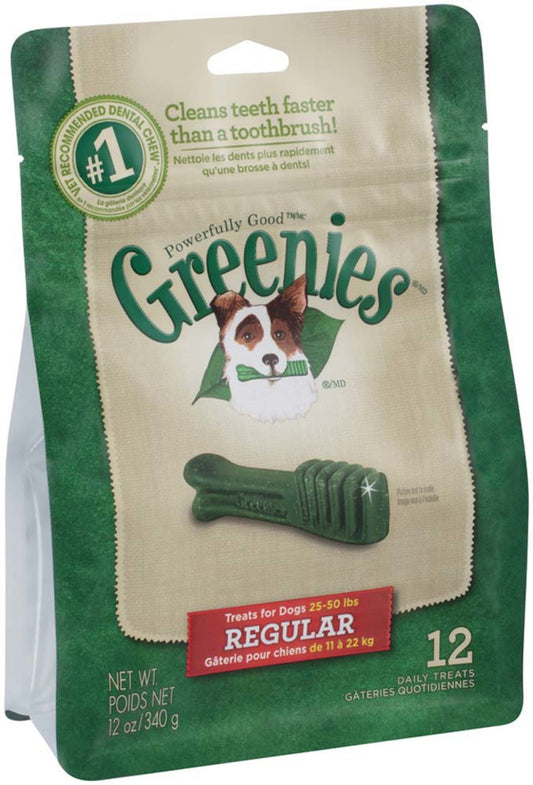 Greenies Regular dental treat bag with dog image and chew-stick design, net wt 12 oz