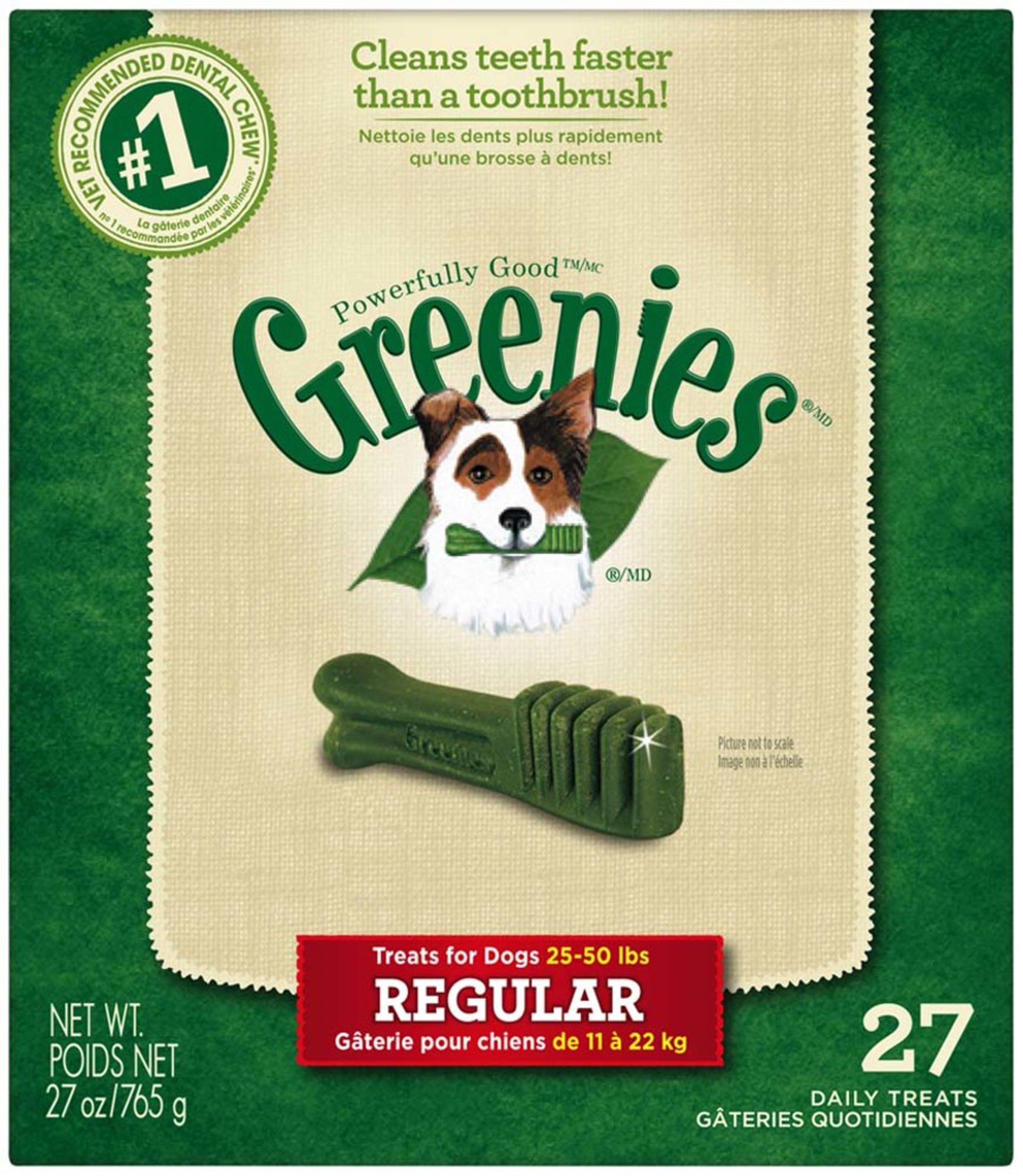 Greenies regular dog dental treat bag with green bone-shaped treat
