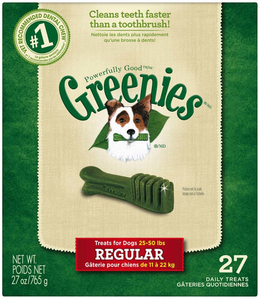 Greenies regular dog dental treat bag with green bone-shaped treat