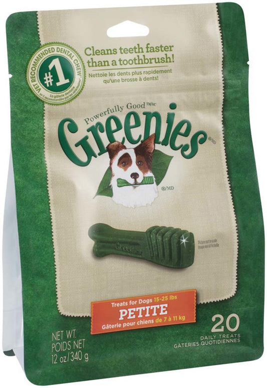 GREENIES Petite dental treat bag with green bone treats, dog logo, 20 daily treats