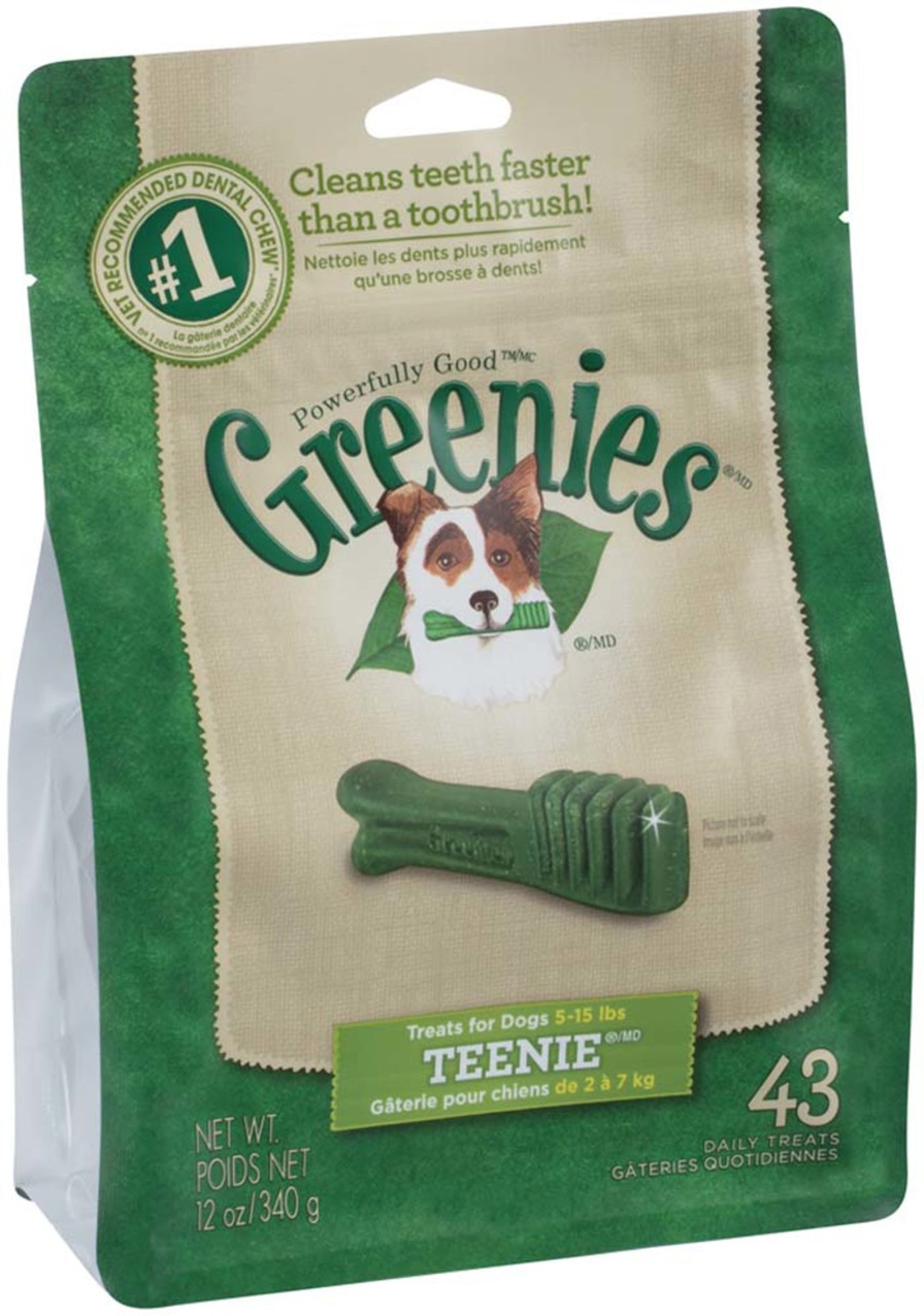 Greenies dental treats pouch with dog and bone icons, Teenie 43 daily chews