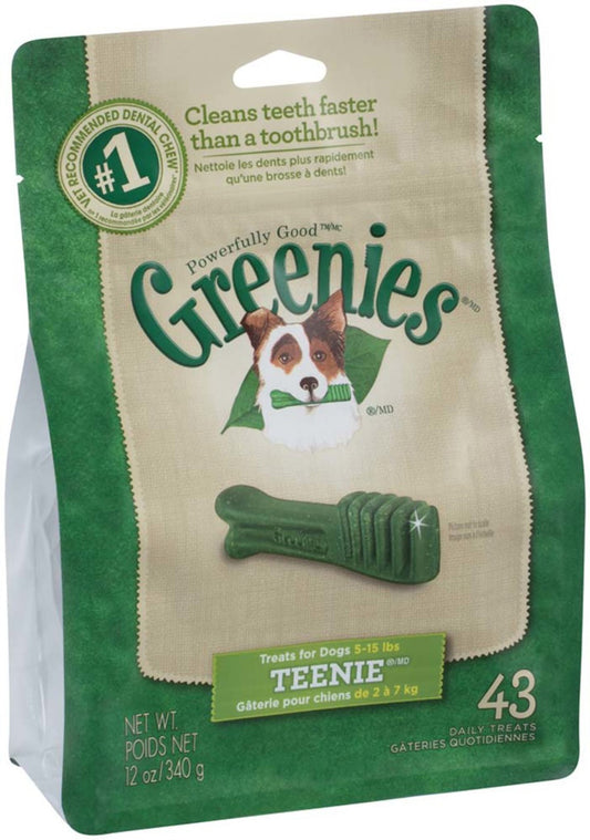 Greenies dental treats pouch with dog and bone icons, Teenie 43 daily chews