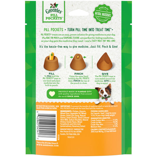 Greenies Pill Pockets bag back with feeding directions and ingredient panel