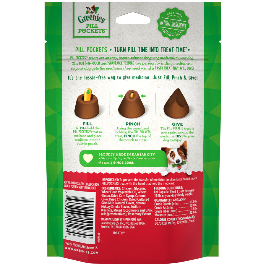 GREENIES PILL POCKETS treat pouch back with feeding directions and ingredients