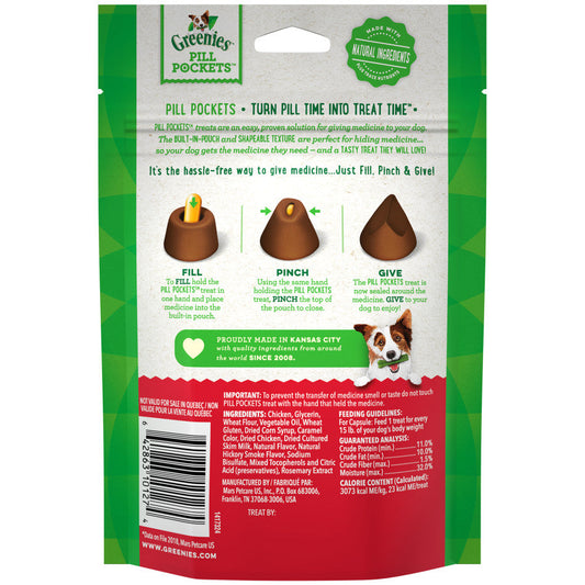 GREENIES PILL POCKETS treat pouch back with feeding directions and ingredients