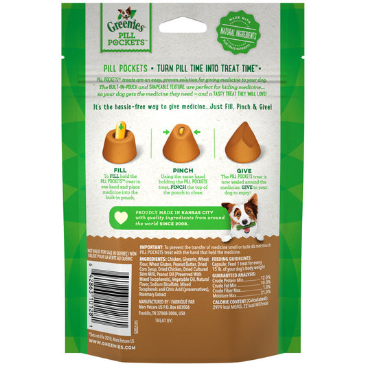 Greenies Pill Pockets dog treats pouch back panel with feeding instructions and ingredients
