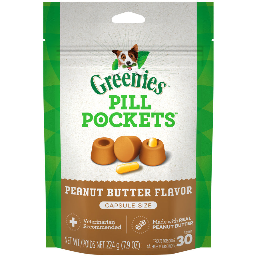 Greenies Pill Pockets dog treats bag with peanut butter flavored capsules and treats