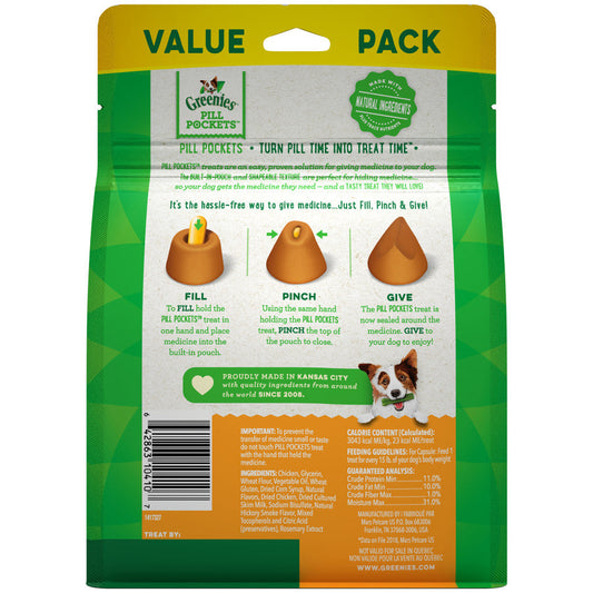 Dog pill pocket treat bag back with feeding directions and nutrition details.