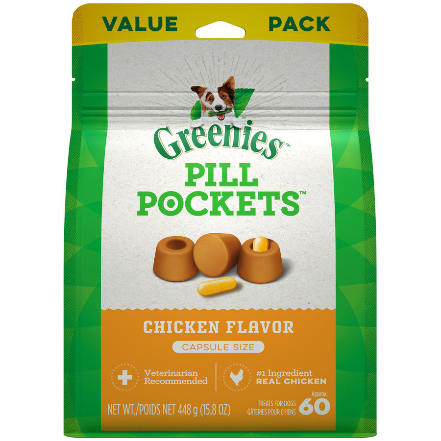 Dog pill pocket treat bag, chicken flavor, capsule size, Value Pack, Greenies.