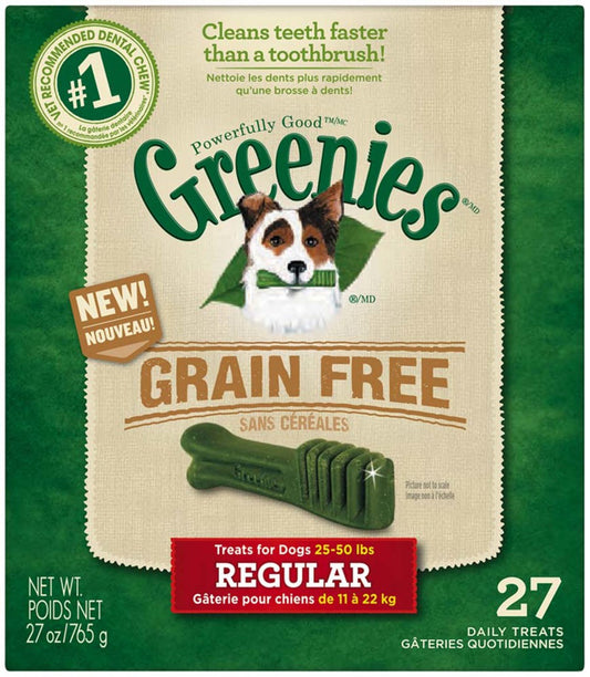 Greenies Grain Free dental treats wrapper, Regular, 27 daily treats; dog illustration