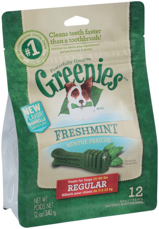 Greenies Freshmint dental treats, regular 12 oz bag with mint flavor text