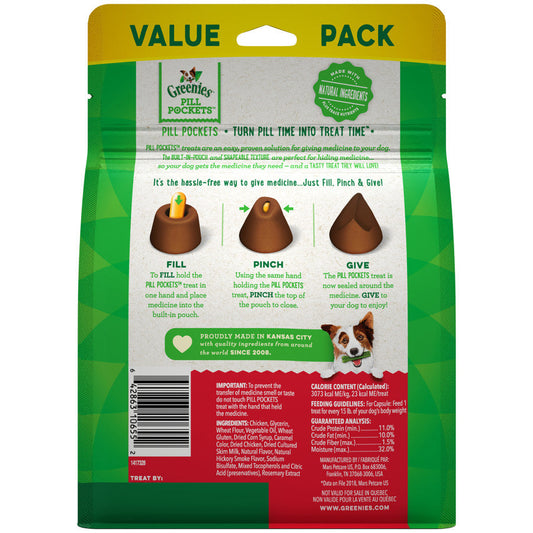 Greenies Pill Pockets treat pouch back with feeding directions and ingredient info