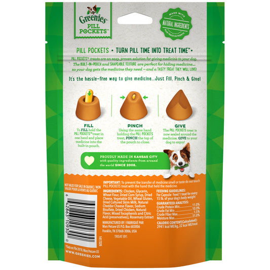 Greenies Pill Pockets cheese flavor bag back with feeding directions and ingredients panel