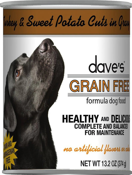 Grain-free formula dog food can label with turkey & sweet potato cuts in gravy