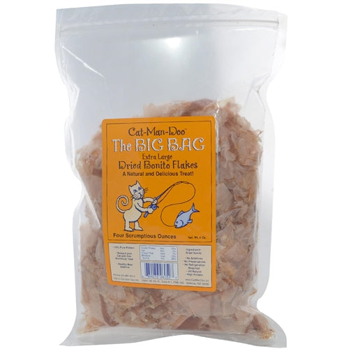 Extra large bag of dried bonito flakes with Cat-Man-Doo label, filled with flakes