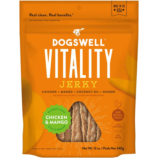 Dogswell Vitality Jerky dog treats bag with chicken, mango, coconut oil, and ginger, 12.8 oz