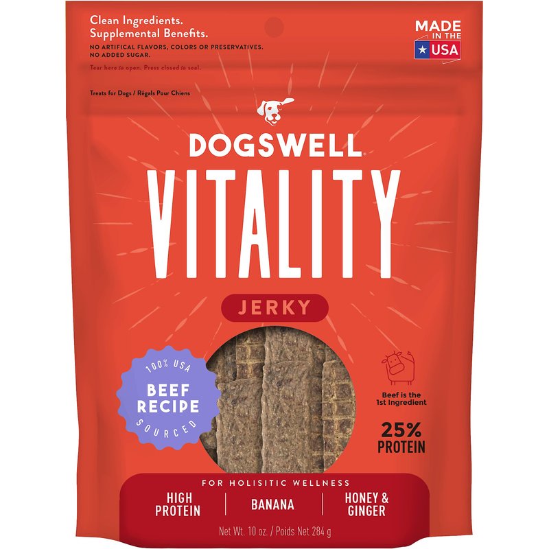 Red bag of dog jerky treats, beef & banana recipe; 25% protein, 10 oz.